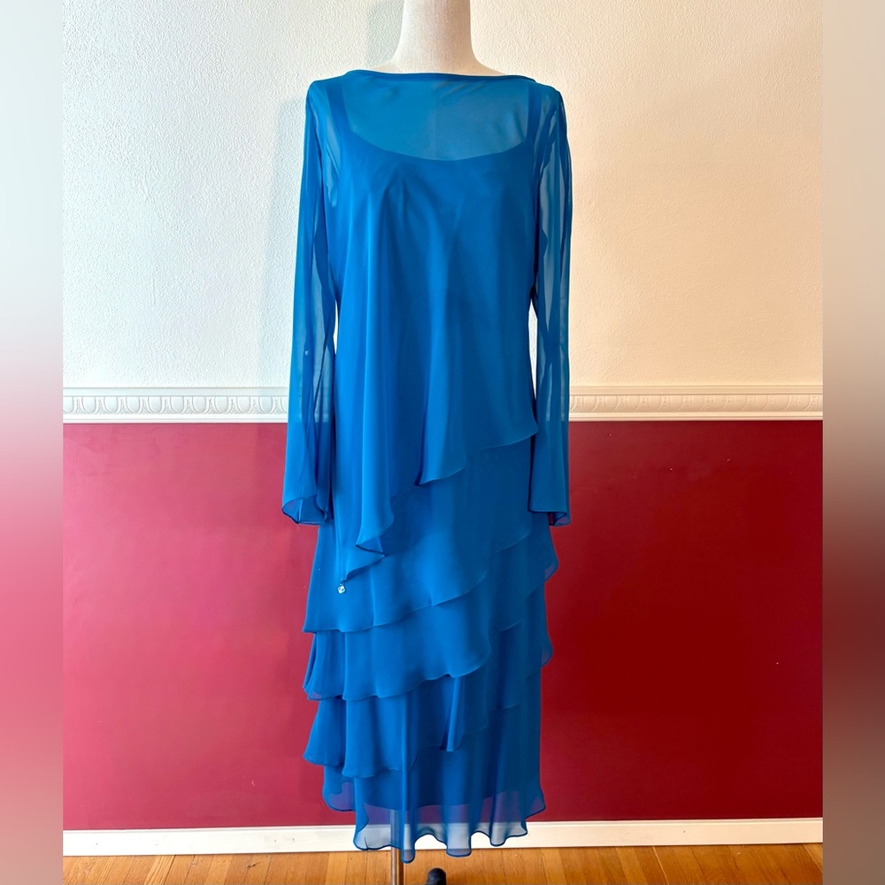 Vintage Cattiva‎ tiered chiffon 2-piece bateau neck dress in teal blue
